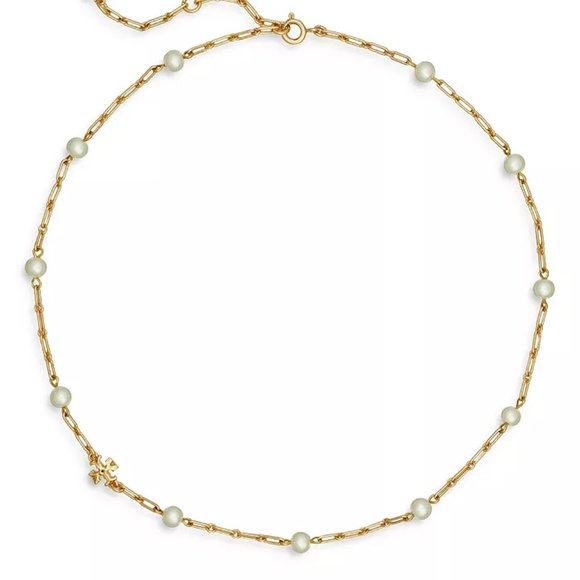 NWT Tory Burch Thin Roxanne Imitation Pearl Detailed 18K-plated Chain Necklace - Picture 1 of 11